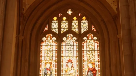 Stained Glass Window With Three Arched Panels Inside St. Mary's Church In Vídeo Stock 328692142