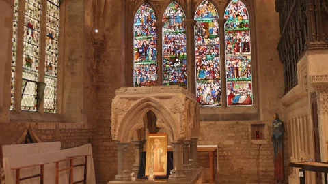 Stained Glass Windows and Gothic Architecture Inside Christ Church Cathedral Stock Footage 338097063