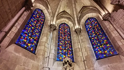Stained glass windows in Basilica of St Nicholas in Nantes, France Stock Footage 331319798