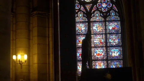 Stained Glass Windows Inside The Notre Dame Cathedral In Paris, France Stock Footage 158679368