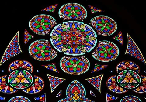 Stained glass windows in the Saint Eugene - Saint Cecilia Church, Paris Stockfoto's