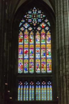 Stained glass windows of St. Vitus in Prague, Czech Republic Stock Photos