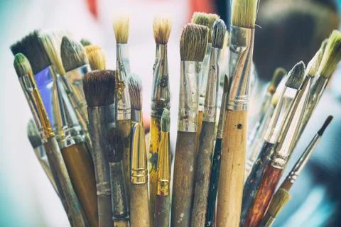 Stained paintbrushes close up 写真素材