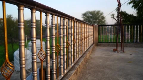 Stainless chromium railing with silver and golden color. Beautiful home inter Stock Footage 148204382