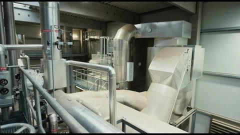Stainless Pipe Feeding Material Hopper, Bulk Processing Plant, Static Shot Stock-Footage 341439421