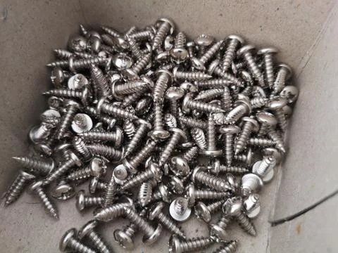 Stainless self-tapping screws closeup in the paper box 스톡 사진