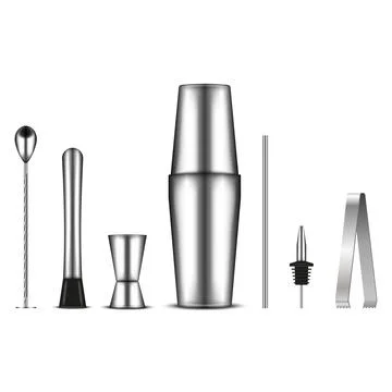 Stainless steel bartender tools kit: boston shaker, jigger, mixing spoon, m.. Stock-Illustration