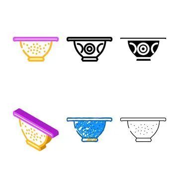 Stainless steel colander kitchen cookware color icon set vector Stock Illustration