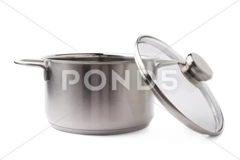 Stainless steel cooking pot pan isolated over white background Stock Photos