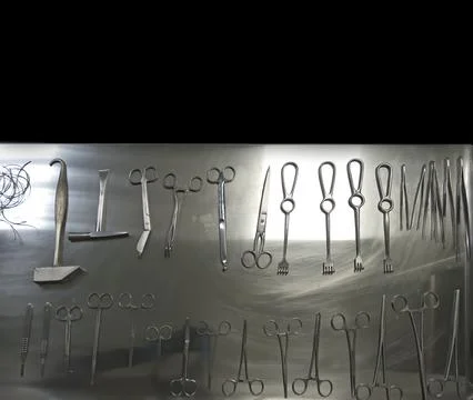 On a stainless steel table, the forensic tools are exposed, scissors, etc Stock Photos