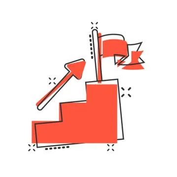 Stair with finish flag icon in comic style. Leadership challenge cartoon vect Stock Illustration