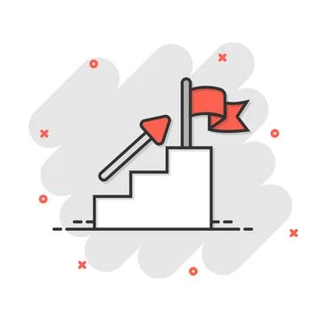 Stair with finish flag icon in comic style. Leadership challenge cartoon vect Stock Illustration