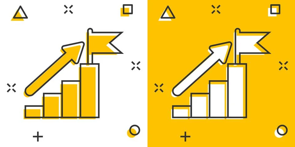Stair with finish flag icon in comic style. Leadership challenge cartoon vect Stock Illustration