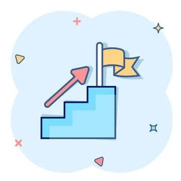 Stair with finish flag icon in comic style. Leadership challenge cartoon vect Stock Illustration