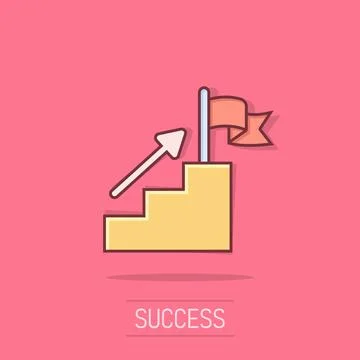 Stair with finish flag icon in comic style. Leadership challenge cartoon ve.. Stock Illustration