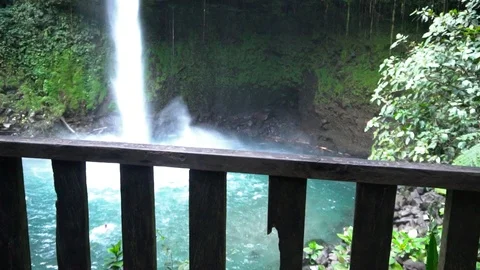 Staircase And Platform Closeup To Wild Waterfall In Jungle Forest [Slow Motion] Stock Footage 88883899