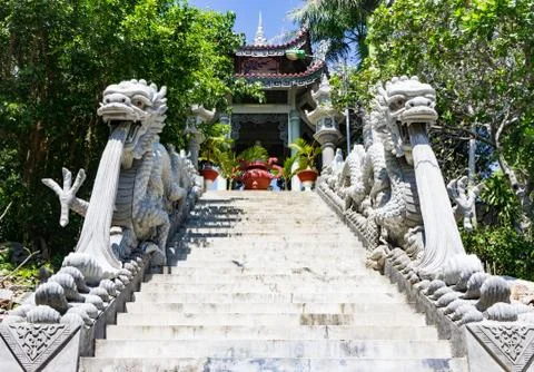 Staircase bordered on both sides of dragons. Entrance to monastery. Stock Photos