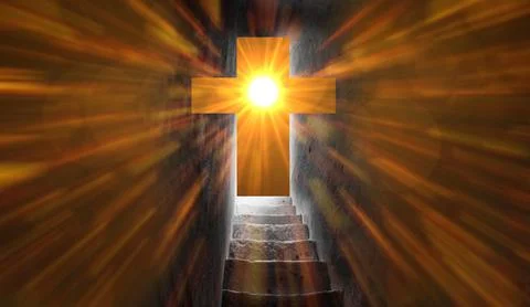 Staircase comes to the exit in the form of a cross with sunbeams. Stock Illustration