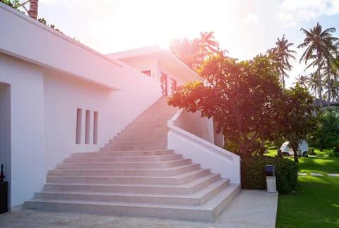 A staircase going down to the Rooftop pool Stock Photos