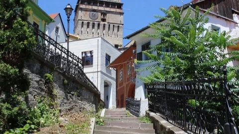 Staircase leading to the ancient Clock  Tower of Sighisoara, Transylvania Stock Footage 98952020