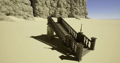 Staircase leading to a sandy landscape surrounded by rocky cliffs Stock Illustration