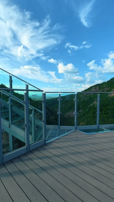 Staircase leads to high vantage point. Sokolica rock, Serbia. Vertical Stock Footage 341131988