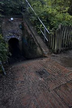 Staircase to a passageway under a railroad bordered by plants in an italian.. Stock Photos
