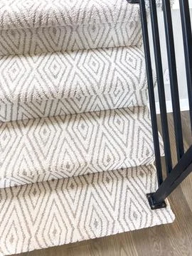 Staircase With Patterned Carpet And Black Railing Stock Photos