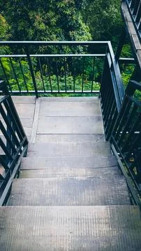A staircase with a railing and a view of trees Foto stock