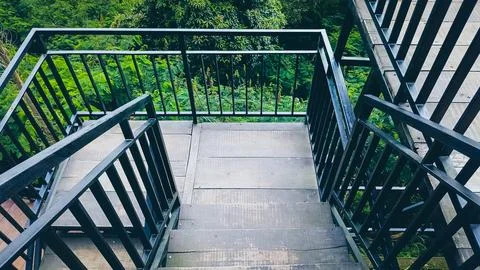 A staircase with a railing and a view of trees Stock Photos