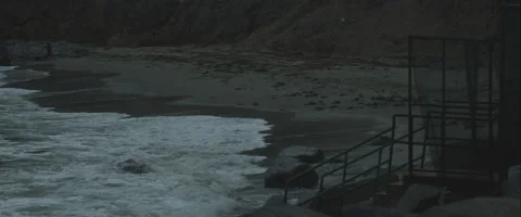 Staircase to a rocky beach, anamorphic Stock Footage 46032460