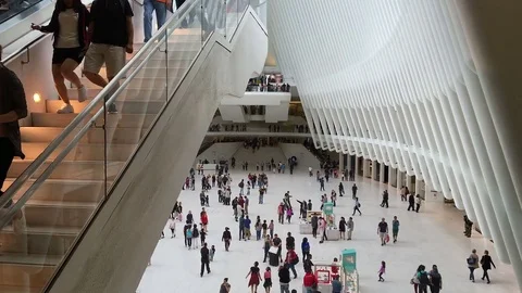 Stairs and Lower Level at New York's Oculus Train Station/Shopping Center Stock Footage 76974341