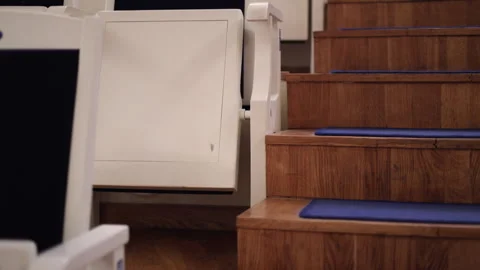 Stairs between rows climb up steps, interior concert hall, philharmonic Stock Footage 312539092
