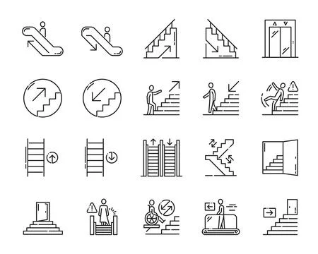 Stairs, escalator or elevator emergency exit icons Stock Illustration