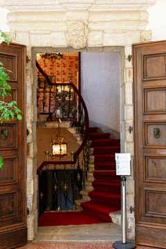 Stairs in the Gothic Duino castle on a cliff above the Gulf of Trieste (Adria Stock Photos