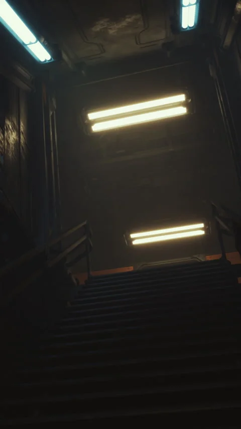 Stairs leading up in a dimly lit space with ceiling lights Stock Footage 336430880