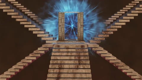 Stairs to multidimensional doorway. 3d render animation Stock Footage 220230489