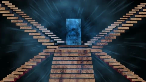 Stairs to multidimensional doorway. 3d render animation Stock Footage 220231377