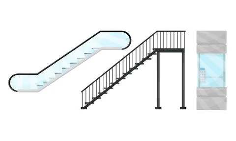 Stairway, Elevator and Escalator as Vertical Distance with Steps Vector Set Stock Illustration