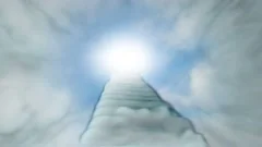 Stairway to Heaven in Cloudy Sky with Sunlight Rays Shining Down
