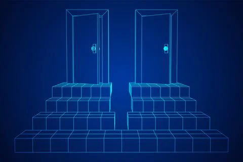 Stairway path to open door. Steps leading into the future concept 스톡 일러스트