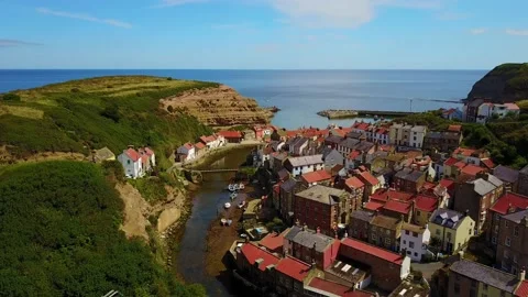 Staithes Yorkshire Town Fly Over 4K Aerial Drone Whitby Stock Footage