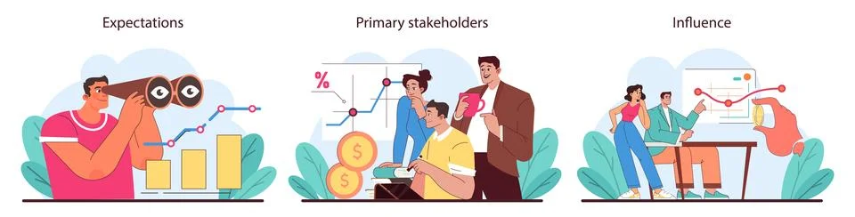 Stakeholder expectations set. Exploring future goals, guiding investments, and Stock Illustration