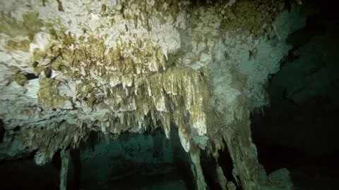 Stalactite ceiling merging into column in underwater cave Stock-Footage 331800710