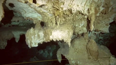 Stalactite formations aligned along cave ceiling Stock Footage 331786574