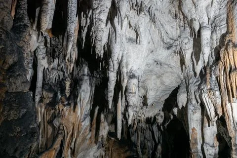 Stalactites cave formation hang from ceiling Stock Photos