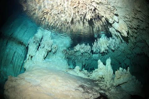 Stalactites of cenote underwater cave Stock Photos