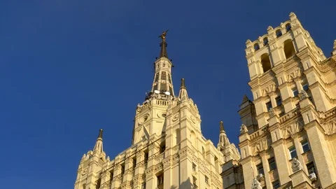 Stalin skyscraper. The facade of an old building with beautiful architecture. 4K Stock Footage 106016297