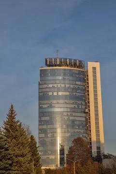 Stalker 2 computer game sign on modern Kyiv high-rise building, Ukraine. Stock Photos