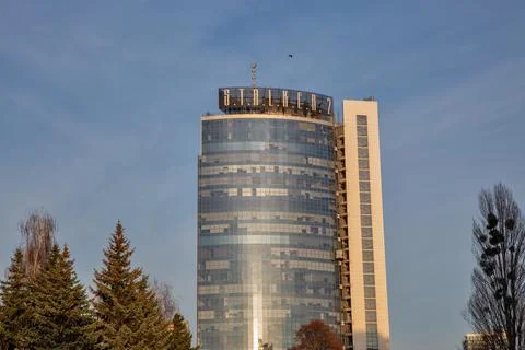 Stalker 2 computer game sign on modern Kyiv high-rise building, Ukraine. Stock Photos